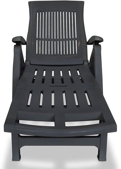 Outdoor Sun Lounger, Adjustable Folding Pool Chaise Lounge with Wheels, Heavy Duty Plastic Reclining Patio Chair for Garden, Deck, Beach, Anthracite