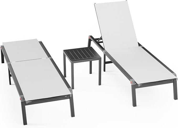 Aluminum Patio Chaise Lounge Chair Set of 2 with Side Table,5-Position Adjustable Backrest,Foldable Lounge Chair Outdoor,Pool Lounge Chairs for Poolside,Lawn,Deck,Beach (White, 2 Pack+Table)