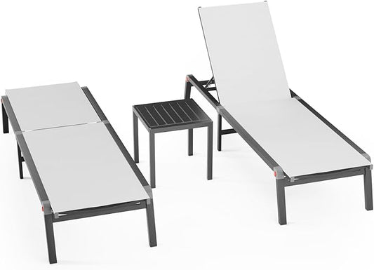 Aluminum Patio Chaise Lounge Chair Set of 2 with Side Table,5-Position Adjustable Backrest,Foldable Lounge Chair Outdoor,Pool Lounge Chairs for Poolside,Lawn,Deck,Beach (White, 2 Pack+Table)