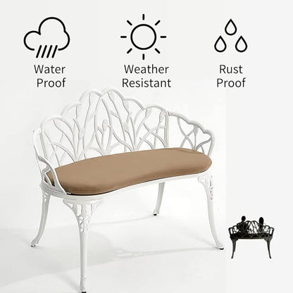 Patio Aluminum Outdoor Bench, Garden Metal Loveseat Furniture with Soft Cushion, Leaf Carving Antique White Front Porch Chair Seat