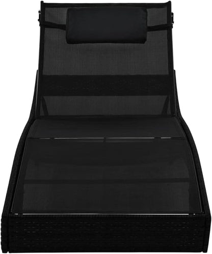 Black PE Rattan Outdoor Chaise Lounge, Adjustable Backrest 27.6"x83.9"x36", Weather-Resistant Textilene Cushion, Matte Finish Sunbathing Recliner for Patio Poolside Garden Terrace