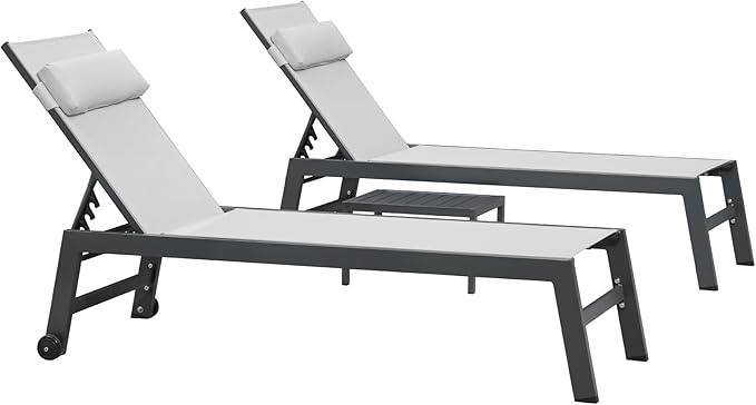 PURPLE LEAF Outdoor Lounge Chair Set of 3 Patio Chaise Pool Lounger Aluminum Frame with Side Table and Wheels for - Photo 9