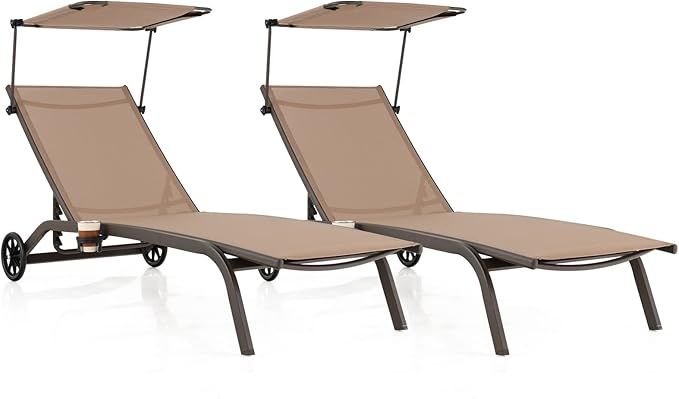 Giantex Set of 2 Outdoor Chaise Lounge Chair, Tanning Chair with Sunshade, Smooth Wheels, 6-Level Adjustable Position, Cup Holder, Metal Frame, Patio Chaise Lounge for Sunbathing, Yard, Poolside (2)
