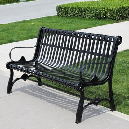 Sturdy Cast Iron Outdoor Garden Bench with Armrests & Backrest, All-Weather Slatted Seat for Patio, Yard, Entryway - Durable Metal Furniture for Relaxation
