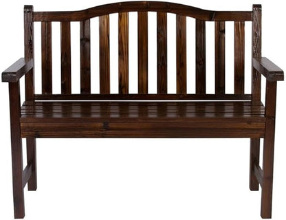 Pemberly Row Traditional Cedar Wood Patio Porch Bench, Brown Finish, 36"H x 22"W x 44.75"D, Kiln-Dried Moisture-Resistant Material, Indoor/Outdoor Use, Arched Back Design for Backyard or Front Porch