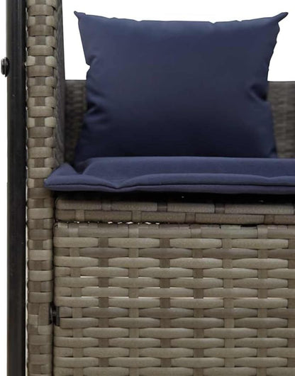 Gray Poly Rattan Patio Double Sun Lounger 17 x 18.3 x 29 in Navy Cushions Outdoor Lounge Chair for Two with Adjustable Roof & Curtains for Garden, Poolside, Balcony