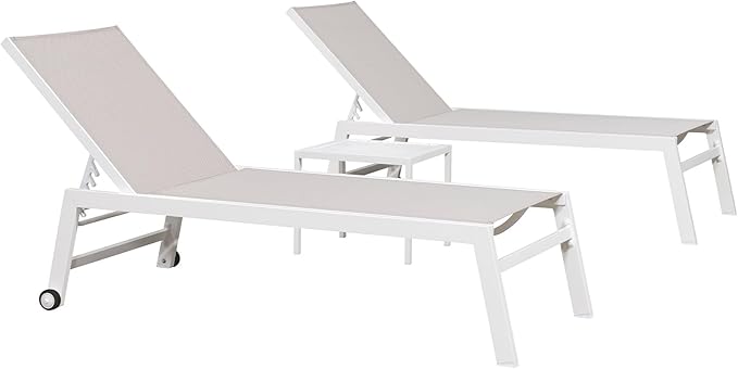 PURPLE LEAF Oversize Chaise Lounge Chair Outdoor 2 Pieces White Aluminum Lounge Chair with Wheels and Table for Pool Deck Patio, Linen