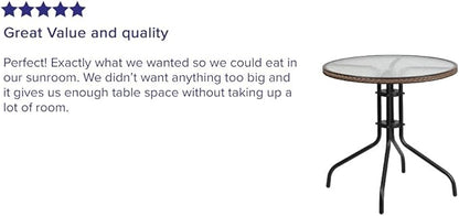 Flash Furniture Barker 28'' Round Tempered Glass Metal Table with Dark Brown Rattan Edging