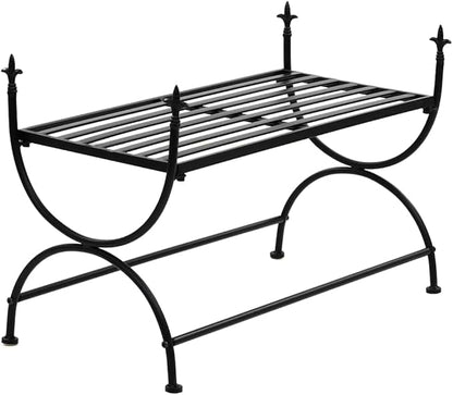Vintage Black Metal Garden Bench with Decorative Inlays, Durable Wrought Iron Indoor Outdoor Seating for Patio Entryway, Rectangular Design Comfortable Two Person Bench