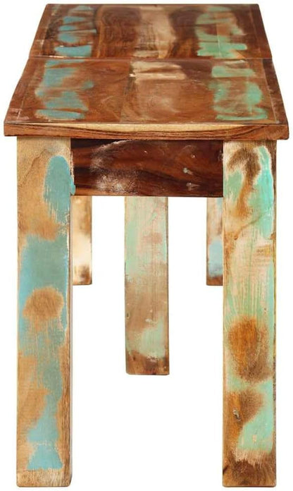 Solid Reclaimed Wood Outdoor Bench for Patio Garden Seating with Rustic Aesthetic and Durable Construction Comfortably Seats Three Adults
