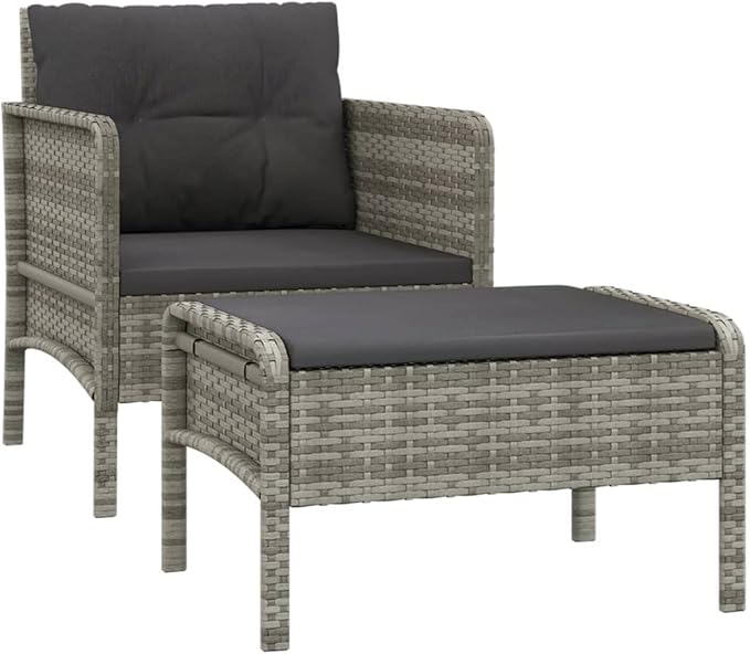 2-Piece Patio Lounge Set with Cushions Gray Poly Rattan Outdoor Furniture Set for Balcony Porch Backyard Garden Modern - Photo 2