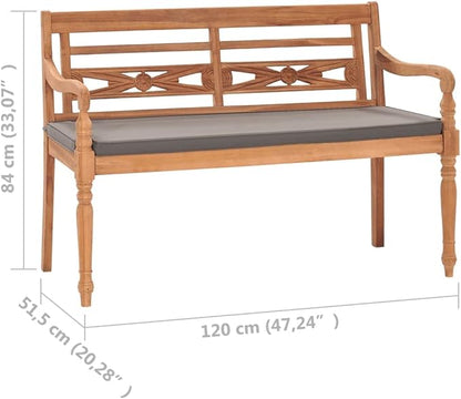 Solid Teak Outdoor Bench with Dark Grey Cushion Brown Rectangular 47.2 Inch Rustic Garden Patio Furniture for Balcony Seating Comfortable Durable