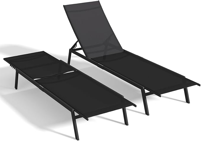 AECOJOY Patio Lounge Chairs for Outside, Adjustable Outdoor Chaise Lounge with Wheels and Adjustable 5-Position Recliner for Pool, Beach, Backyard, Deck, Lawn, Black, 2PCS