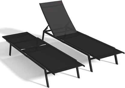 AECOJOY Patio Lounge Chairs for Outside, Adjustable Outdoor Chaise Lounge with Wheels and Adjustable 5-Position Recliner for Pool, Beach, Backyard, Deck, Lawn, Black, 2PCS