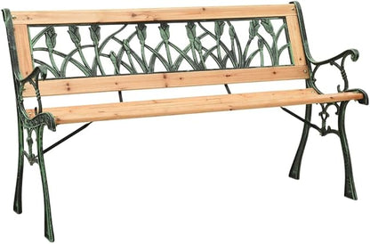 48 Inch Garden Bench, 3-Seater Outdoor Park Bench with Floral Pattern, Solid Firwood and Cast Iron Frame, Weather-Resistant Patio Seating for Backyard, Porch, or Balcony, Brown