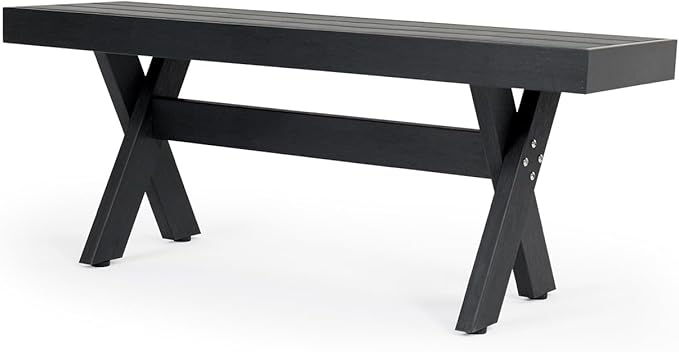 44.5" HIPS Outdoor Bench, X-Shaped Modern Backless Garden Bench, All Weather Patio Bench with Wood Grain Texture, Easy Assembly for Garden, Porch, Backyard & Park-Wood-Grain Black