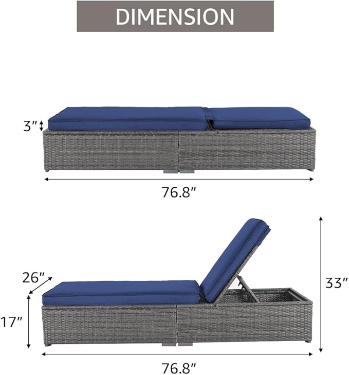 Patiorama Outdoor Patio Chaise Lounge Chair, Elegant Reclining Adjustable Pool Rattan Chaise Lounge Chair with Cushion, Grey PE Wicker, Steel Frame, for Deck, Poolside, Backyard (Blue)