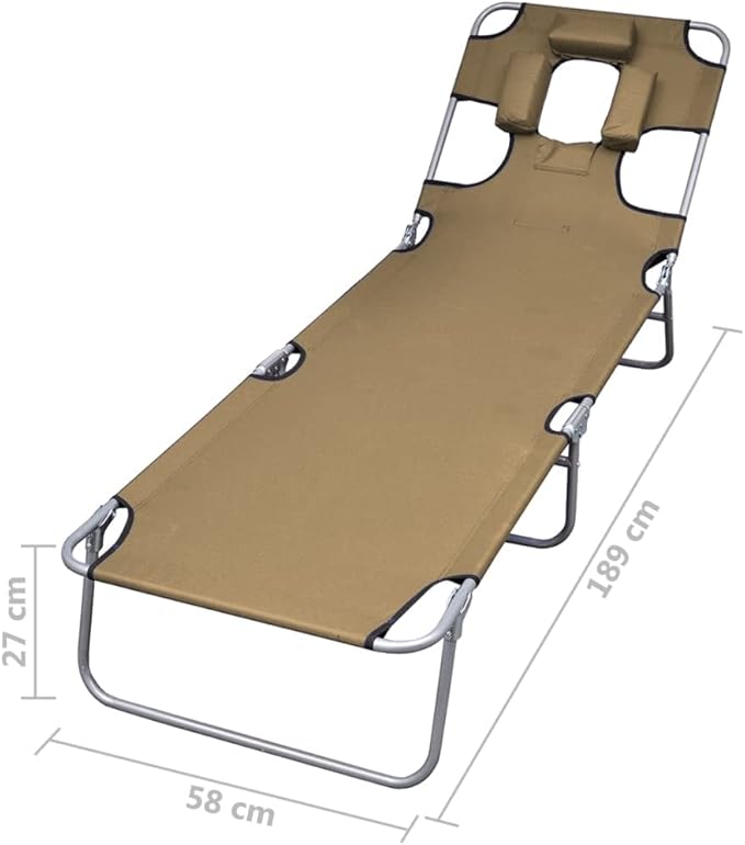 Foldable Taupe Powder-Coated Steel Sunlounger 74.4 inch Adjustable Backrest Outdoor Chaise with Head Cushion - Photo 2