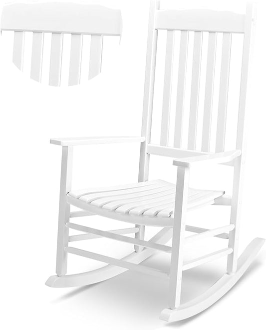 Outvita Outdoor Rocking Chair, Solid Wood High Back Rocker, All Weather Lounge Chair for Porch Patio Fire Pit Garden Backyard Deck Indoor, Wave Shape, White