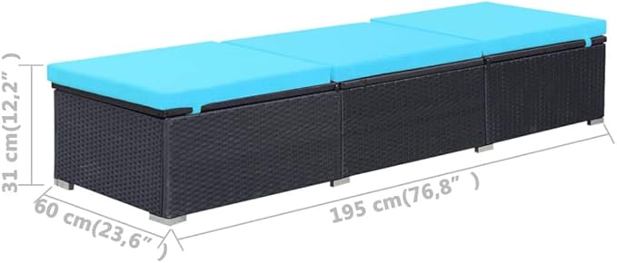 Sunlounger Black and Blue PE Rattan, Powder-Coated Steel, Polyester Garden Lounge Chair Beach Chair for Poolside Outside