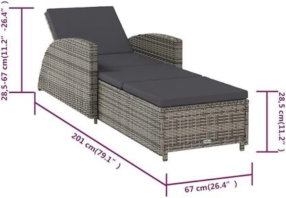 Adjustable Grey PE Rattan Outdoor Chaise Lounge 79.1x26.4x11.2 in for Patio, Garden or Balcony, Powder-Coated Steel Frame Sun Lounger with Thick Cushion for Poolside Relaxation