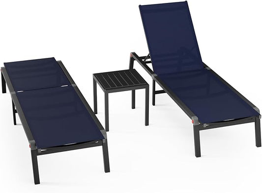 Aluminum Patio Chaise Lounge Chair Set of 2 with Side Table,5-Position Adjustable Backrest,Foldable Lounge Chair Outdoor,Pool Lounge Chairs for Poolside,Lawn,Deck,Beach (Navy Blue, 2 Pack+Table)