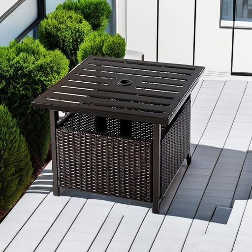 Giantex Outdoor Side Table with Umbrella Hole, 22" Wicker Umbrella Stand Holder and Base, Weather-Resistant PE Rattan Patio End Table for Deck Garden Poolside (Metal Tabletop, Brown)