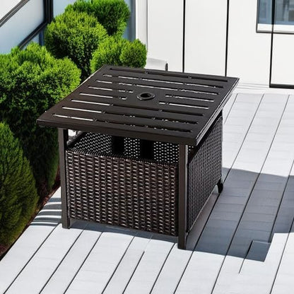 Giantex Outdoor Side Table with Umbrella Hole, 22" Wicker Umbrella Stand Holder and Base, Weather-Resistant PE Rattan Patio End Table for Deck Garden Poolside (Metal Tabletop, Brown)
