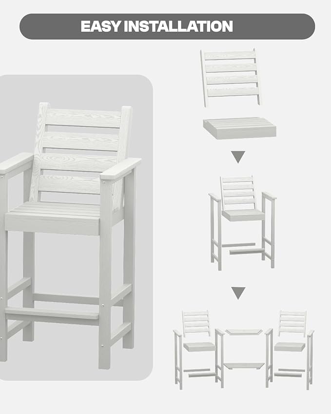 Tall HDPE Adirondack Bar Chairs Set of 2, Outdoor Balcony Bar-Height Chairs with Extra-Large Side Trays & 2" Umbrella Hole, All-Weather Patio Stools for Porch, Deck, Garden (White, 2chair)