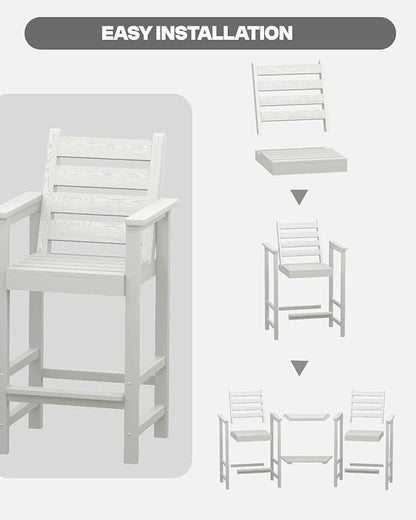 Tall HDPE Adirondack Bar Chairs Set of 2, Outdoor Balcony Bar-Height Chairs with Extra-Large Side Trays & 2" Umbrella Hole, All-Weather Patio Stools for Porch, Deck, Garden (White, 2chair)