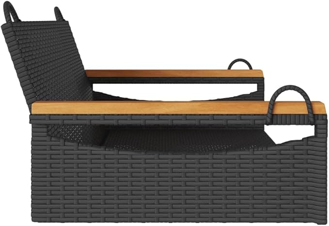 Black PE Rattan Swing Bench with Powder-Coated Steel Frame and Solid Acacia Wood, Outdoor Patio Furniture for Relaxing, Durable Weather-Resistant Hanging Seat for Garden