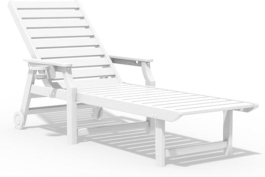 5-Position Adjustable Patio Chaise Lounge - 78'' HDPE Outdoor Lounger with Rolling Wheels & Cup Holder, Longer, Wider, Higher - Perfect for Poolside & Deck, White
