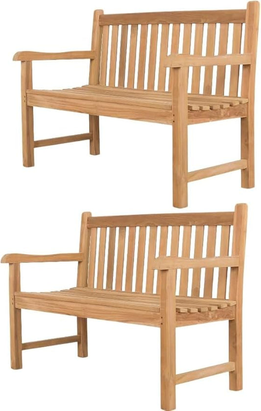 Teak Wood Outdoor Bench Set of 2, Weatherproof Garden Benches for Yard or Porch, 2-Person Park Bench with Ergonomic Patio Seating, Durable Teak Construction for Lawn, Backyard, or Poolside