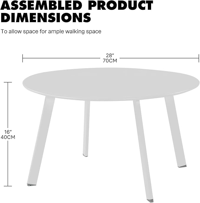 Grand patio Outdoor Side Table, 28-inch Powder Coated Steel Round Coffee Table for Porch, Deck, Balcony, Poolside, White
