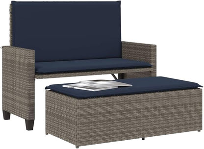 Garden Bench Deck Bench Patio Bench with Cushions and Footstool Gray Poly Rattan