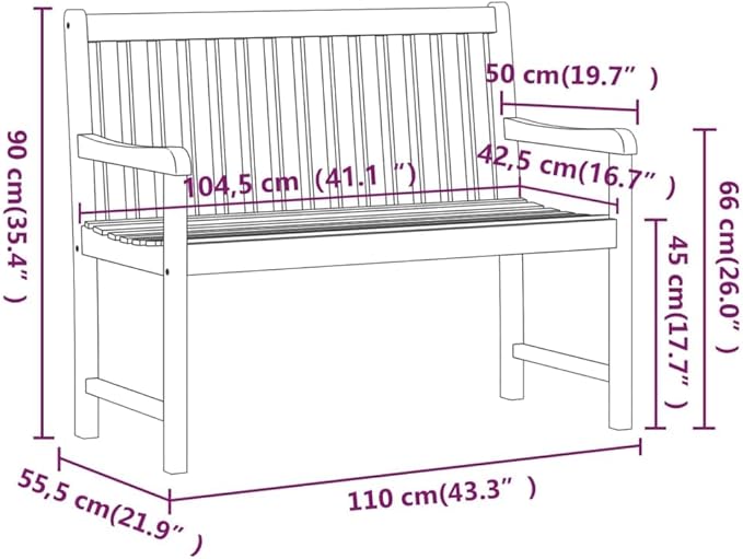Rustic Solid Acacia Wood Small Garden Bench for Outdoors Brown Rectangular 43.3 Inch Seating for Two Comfortable Patio Porch and Backyard Furniture