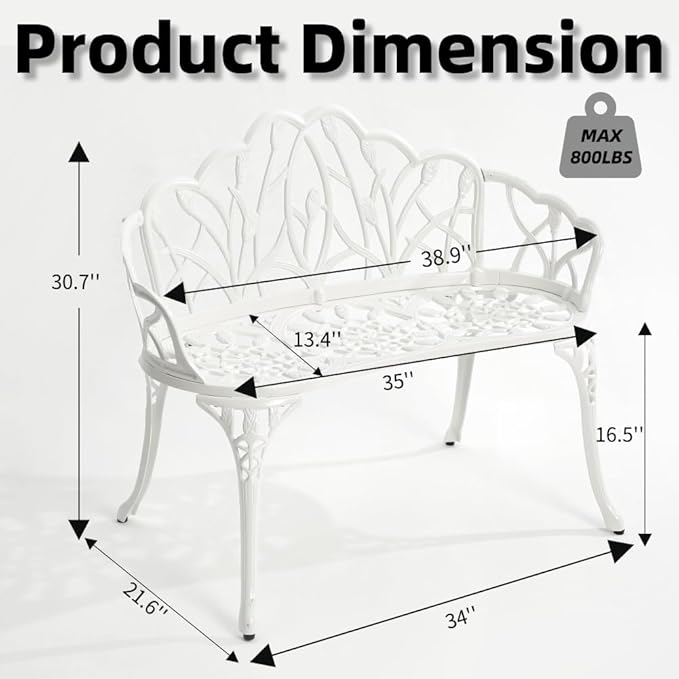 Patio Aluminum Outdoor Bench, Garden Metal Loveseat Furniture, Vintage Tulip Carving Antique White Front Porch Chair Seat