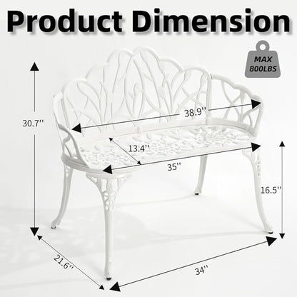 Patio Aluminum Outdoor Bench, Garden Metal Loveseat Furniture, Vintage Tulip Carving Antique White Front Porch Chair Seat