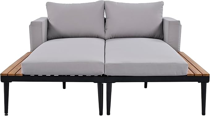 2 in 1 Outdoor Padded Chaise Lounges, Patio Metal Daybed with Wood Topped Side Spaces for Drinks - Photo 3