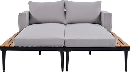 2 in 1 Outdoor Padded Chaise Lounges,Patio Metal Daybed with Wood Topped Side Spaces for Drinks,for Poolside Balcony Deck Backyard (Gray@Lounges)