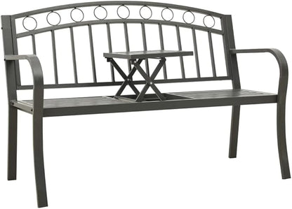 Grey Powder-Coated Steel Garden Bench with Table, Medium Durable Outdoor Seating for Patio and Garden, Weather-Resistant Comfortable Furniture for Relaxing and Socializing