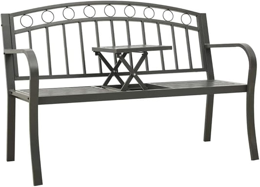 Grey Powder-Coated Steel Garden Bench with Table, Medium Durable Outdoor Seating for Patio and Garden, Weather-Resistant Comfortable Furniture for Relaxing and Socializing