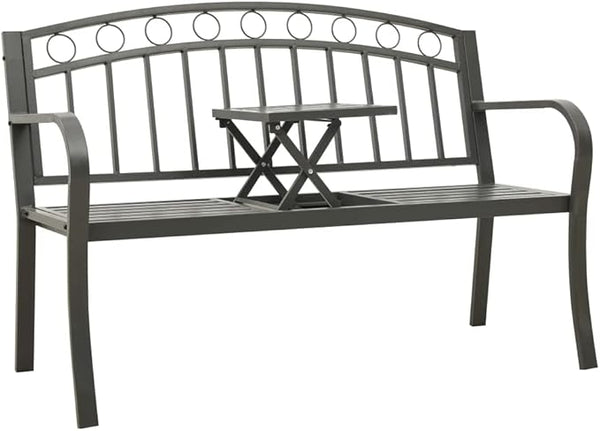 Grey Powder-Coated Steel Garden Bench with Table, Medium Durable Outdoor Seating for Patio and Garden, Weather-Resistant Comfortable Furniture for Relaxing and Socializing