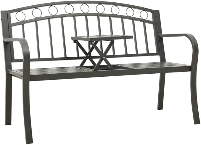 Garden Bench with Table Grey Powder-Coated Steel Medium Durable Outdoor Furniture for Patio, Seating for Two with Integrated Snack Table, Weather-Resistant and Low Maintenance