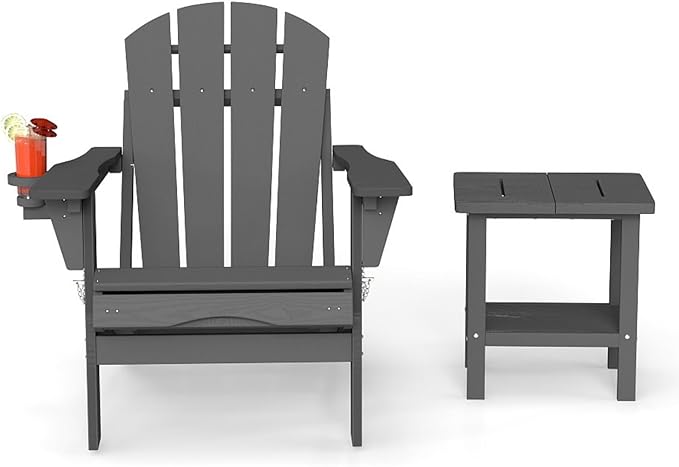 Adirondack Chair with Table Set,HDPE Plastic All Weather Fire Pit Chair with Cup Holder,2-Piece (Grey, 1 Chair &1 Table)