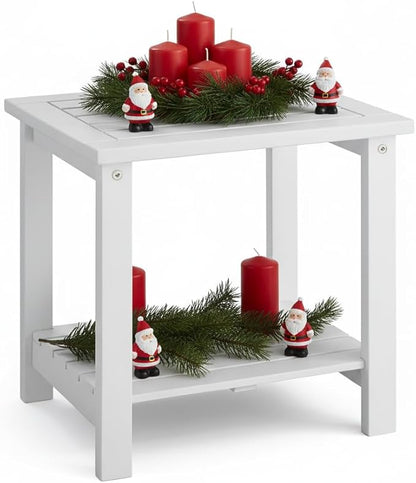2-Tier Adirondack Outdoor Side Table, 16.6" Acacia Weather-Resistant End Table with Shelf for Patio, Garden, Lawn, Living Room (White)