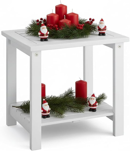 2-Tier Adirondack Outdoor Side Table, 16.6" Acacia Weather-Resistant End Table with Shelf for Patio, Garden, Lawn, Living Room (White)