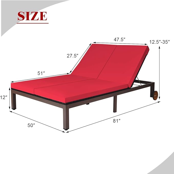 COSTWAY 2-Person Patio Rattan Lounge Chair Chaise Recliner Adjustable Cushion
