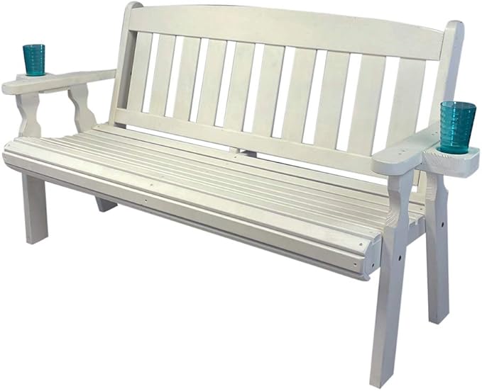 Amish Casual Heavy Duty 800 Lb Mission Pressure Treated Garden Bench with Cupholders (5 Foot, Semi-Solid White Stain)