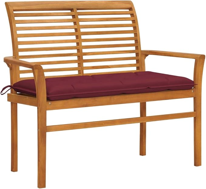 Traditional Teak Wood Patio Bench with Wine Red Cushion, Solid Teak Frame and Polyester Fabric for Outdoor Seating, Durable Garden Bench for Patio and Balcony, 2-Person